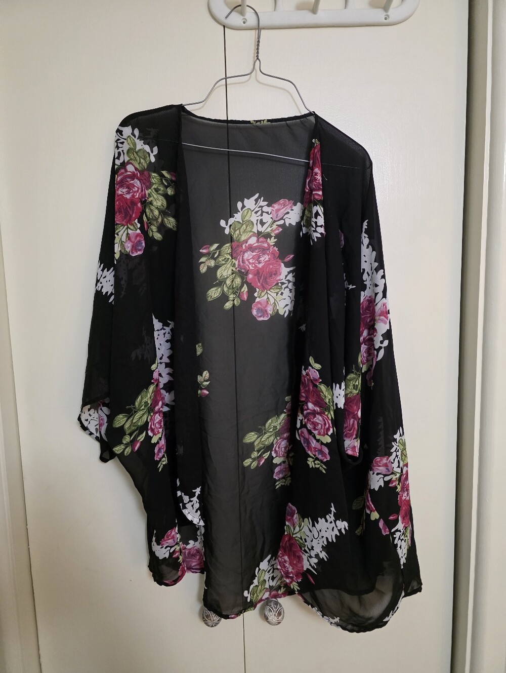 Black Floral Sheer Kimono Cover-Up with Pink Roses